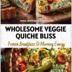 Rustic homemade quiche filled with fresh vegetables and herbs, sliced on a wooden brunch table.